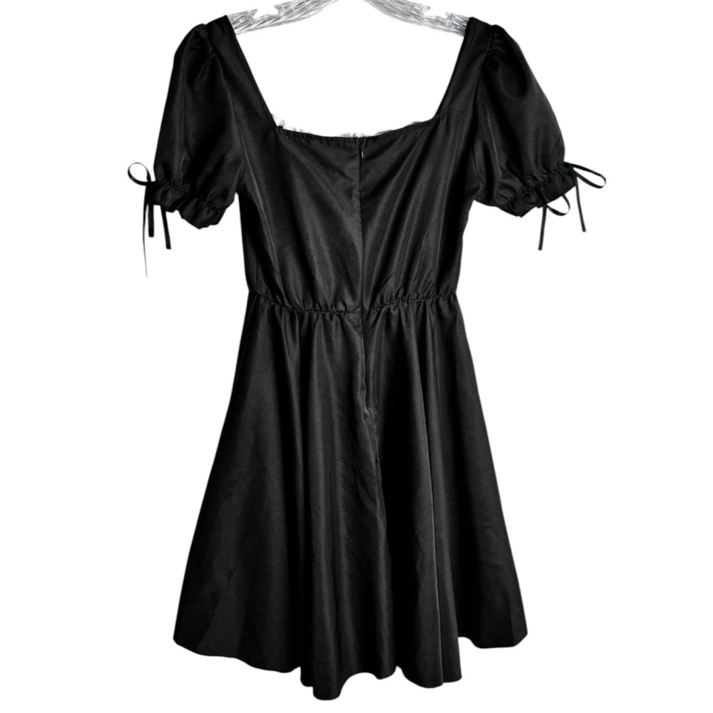 Black Puff Sleeve Mini Dress Sz S Ruffle Tie Cottagecore Coquette Gothic Lolita - Picture 3 of 9